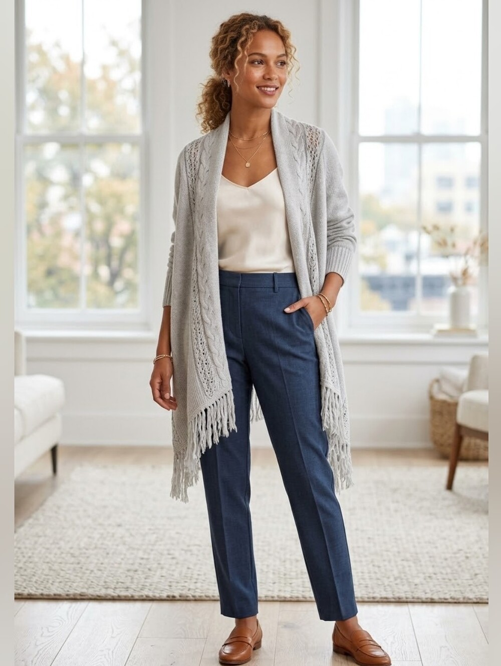 Robert Kitchen Open-Front Light Gray Boho Fringe Knit Shawl  Cardigan Ladies M